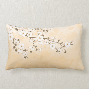 Cherry Blossom Beige Cream Asia Floral Lumbar Cushion
