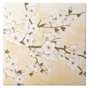 Cherry Blossom Beige Cream Floral Asia Ceramic Tile