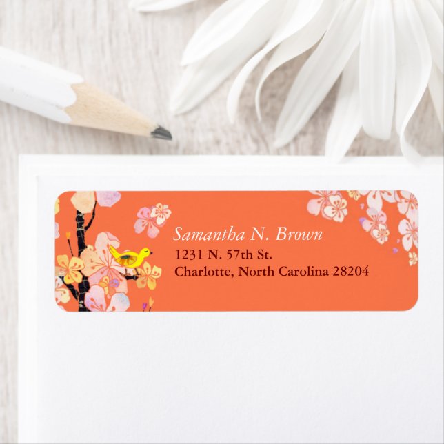 Cherry Blossom Bird Orange Address Return Address Label (Insitu)