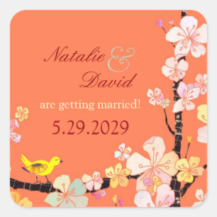 Cherry Blossom Bird Wedding Save the Date Square Sticker