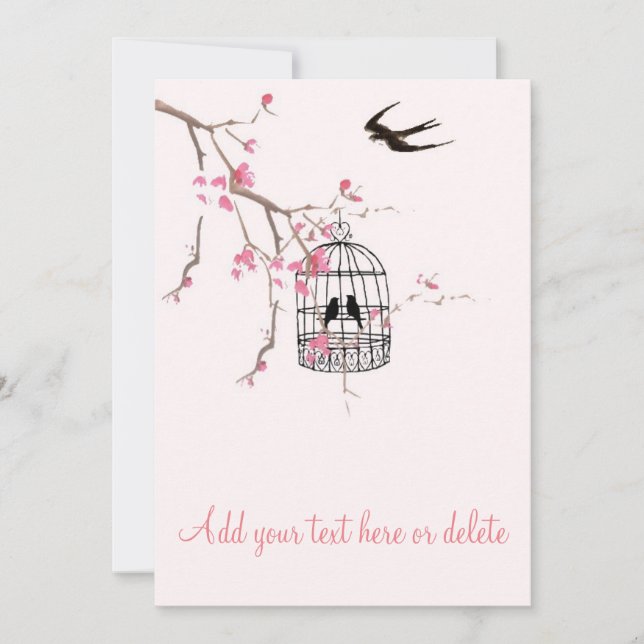 Cherry blossom, birdcage, bird card, invite (Front)
