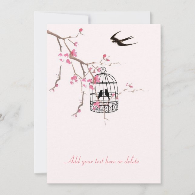 Cherry blossom, birdcage, wedding, invite (Front)
