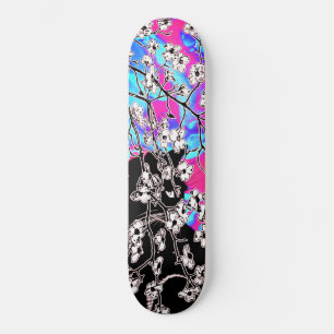 Cherry Blossom Black Cat Abstract sky Blue Floral  Skateboard