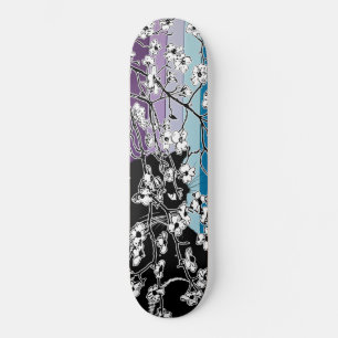 Cherry Blossom Black Cat Floral Stripes Purple Skateboard
