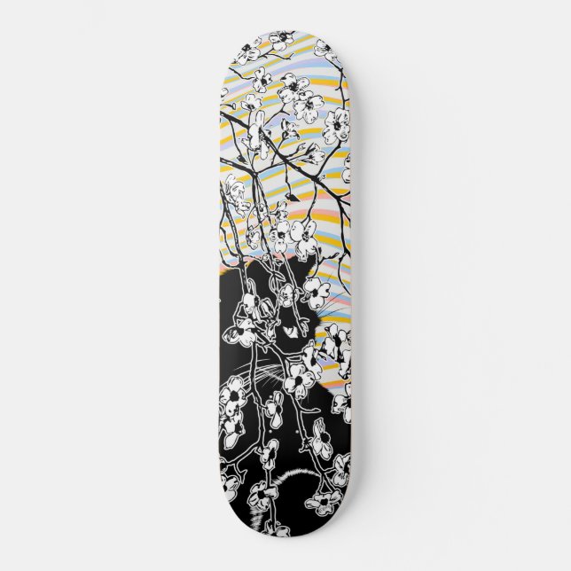 Cherry Blossom Black Cat Floral Waves Colourful Skateboard (Front)