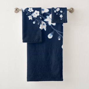 Cherry Blossom Blue White Bath Towel Set