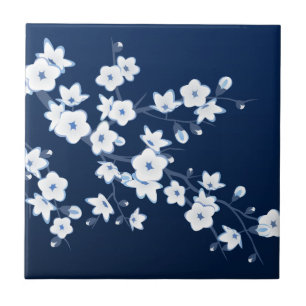 Cherry Blossom Blue White Ceramic Tile