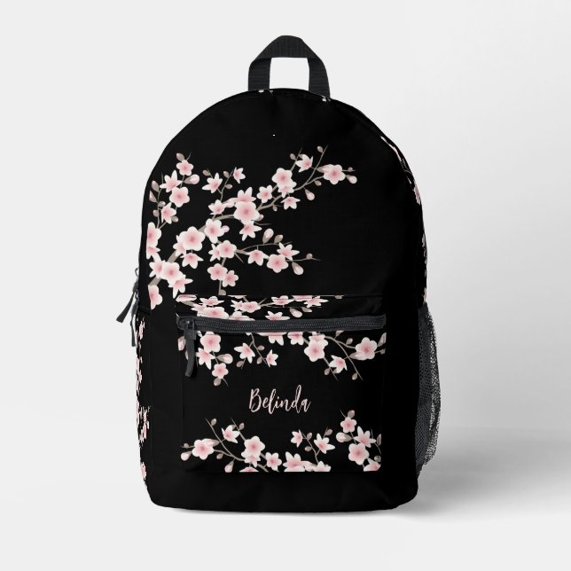 Cherry Blossom Blush Pink Black Monogram Printed Backpack (Front)