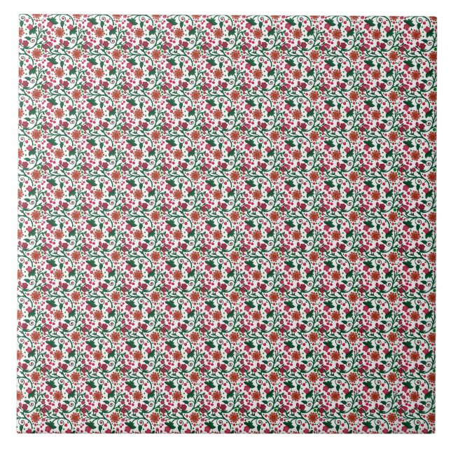 Cherry Blossom Botanical Pattern | Red Floral Ceramic Tile (Front)