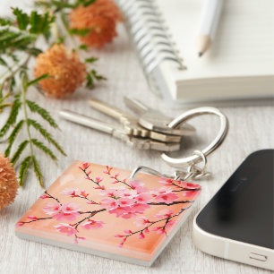 Cherry Blossom Branches Art – Elegant Pink Sakura  Key Ring
