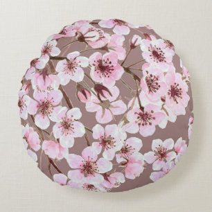 Cherry Blossom Branches Watercolor Pattern Round Cushion