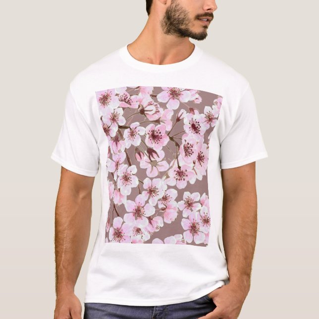 Cherry Blossom Branches Watercolor Pattern T-Shirt (Front)