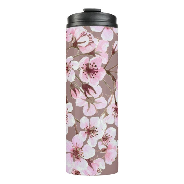 Cherry Blossom Branches Watercolor Pattern Thermal Tumbler (Front)