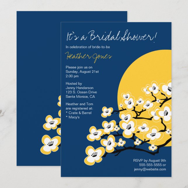 Cherry Blossom Bridal Shower Invitation - Navy (Front/Back)