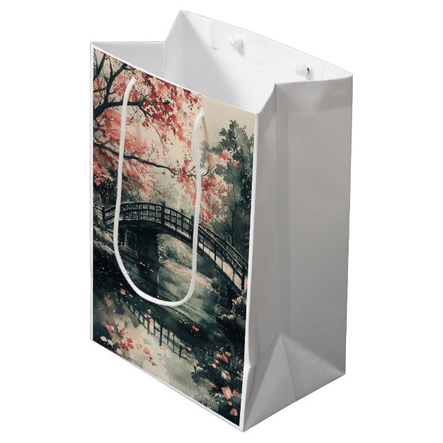 Cherry Blossom Bridge Sumi-E Landscape (1) Medium Gift Bag (Front Angled)