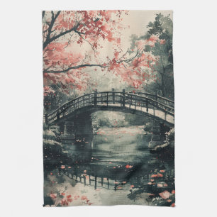 Cherry Blossom Bridge Sumi-E Landscape (1) Tea Towel