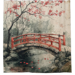 Cherry Blossom Bridge Sumi-E Landscape (2) Shower Curtain