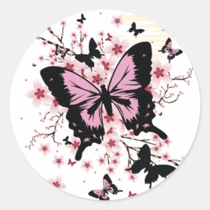 Cherry Blossom Butterflies Classic Round Sticker