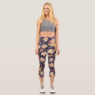 Cherry Blossom Butterfly Asian Print Capri Leggings