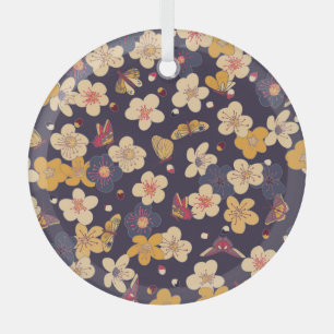 Cherry Blossom Butterfly Asian Print Glass Tree Decoration