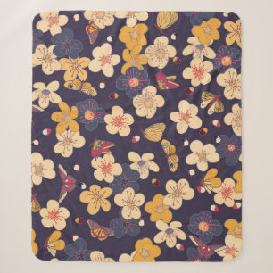 Cherry Blossom Butterfly Asian Print Sherpa Blanket