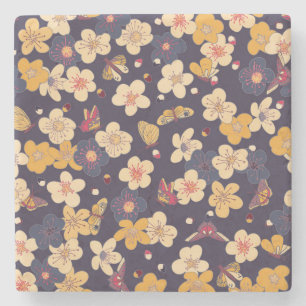 Cherry Blossom Butterfly Asian Print Stone Coaster