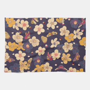 Cherry Blossom Butterfly Asian Print Tea Towel