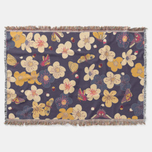 Cherry Blossom Butterfly Asian Print Throw Blanket
