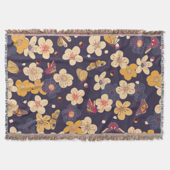 Cherry Blossom Butterfly Asian Print Throw Blanket (Front)