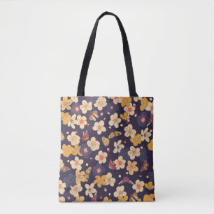 Cherry Blossom Butterfly Asian Print Tote Bag