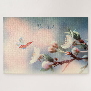 Cherry blossom, butterfly, ladybug retro pastel jigsaw puzzle