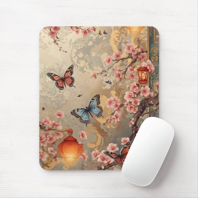 Cherry Blossom Butterfly Lantern Mouse Pad (With Mouse)