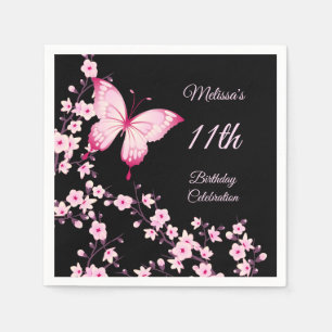 Cherry Blossom Butterfly Pink Black Birthday Napkin