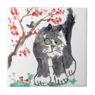 Cherry Blossom Cat and Bird Ceramic Tile