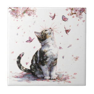 Cherry Blossom Cat and Butterflies (10) Ceramic Tile