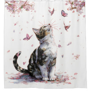 Cherry Blossom Cat and Butterflies (10) Shower Curtain