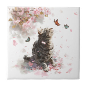 Cherry Blossom Cat and Butterflies (11) Ceramic Tile