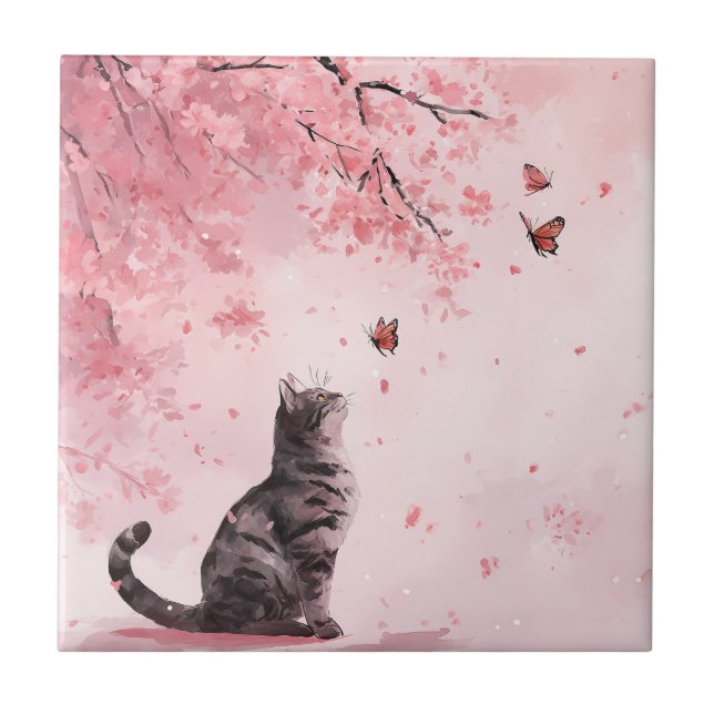 Cherry Blossom Cat and Butterflies (12) Ceramic Tile (Front)