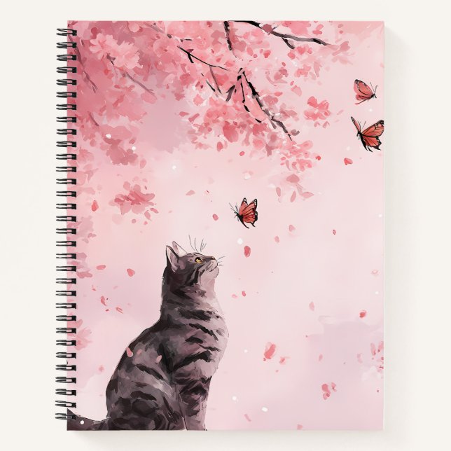 Cherry Blossom Cat and Butterflies (12) Notebook (Front)