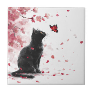 Cherry Blossom Cat and Butterflies (14) Ceramic Tile