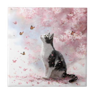 Cherry Blossom Cat and Butterflies (1) Ceramic Tile