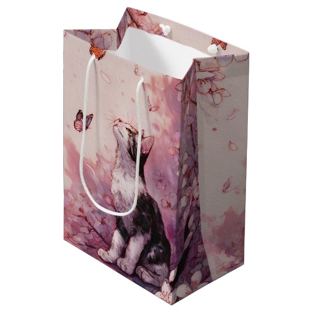 Cherry Blossom Cat and Butterflies (2) Medium Gift Bag (Front Angled)
