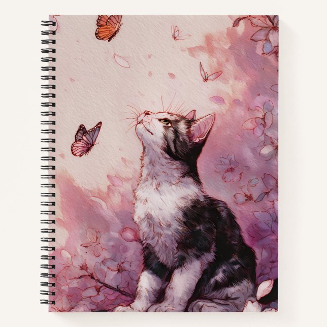 Cherry Blossom Cat and Butterflies (2) Notebook (Front)