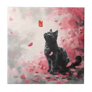Cherry Blossom Cat and Butterflies (3) Ceramic Tile