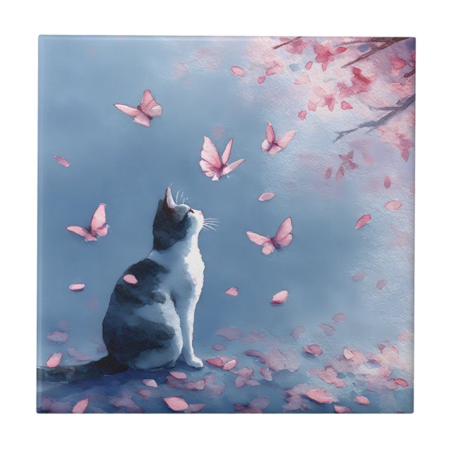 Cherry Blossom Cat and Butterflies (4) Ceramic Tile (Front)