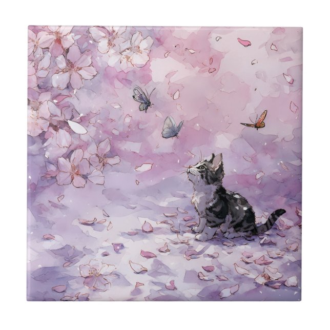 Cherry Blossom Cat and Butterflies (5) Ceramic Tile (Front)