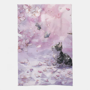Cherry Blossom Cat and Butterflies (5) Tea Towel