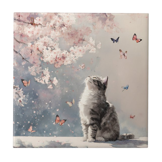 Cherry Blossom Cat and Butterflies (6) Ceramic Tile (Front)