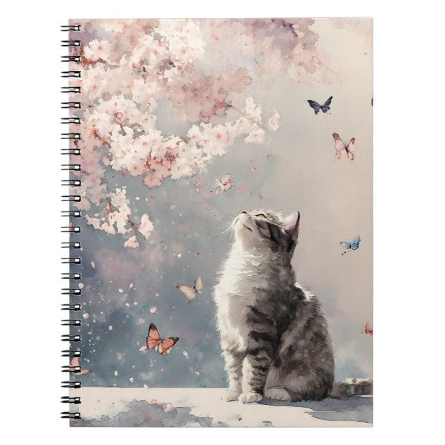 Cherry Blossom Cat and Butterflies (6) Notebook (Front)