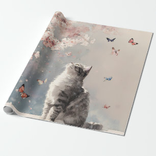 Cherry Blossom Cat and Butterflies (6) Wrapping Paper